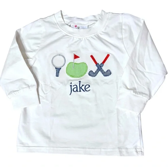 Eliza James Golf Appliqué Set 18M – Personalized “Jake” Shirt + Gingham Pants - Picture 3 of 9